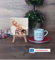 Babaanneye Hediye Fotoğraflı Dekoratif Taş, Ahşap Altlıklı Türk Kahvesi Fincanı Hediye (Model 3)