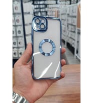 iPhone 15 Kılıf Köşeleri Renkli Şeffaf Kamera Korumalı Silikon Luxury Kapak (Mavi)