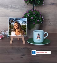 Tatlı Penguen Fotoğraflı Dekoratif Taş, Ahşap Altlıklı Türk Kahvesi Fincanı Hediye (Model 9)
