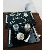 Vow Siyah Desenli Söz Tepsisi ve Damat Kahve Fincanı (Beyaz Gümüş)
