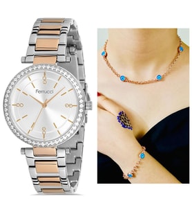 Ferrucci 1. Sınıf Çelik Sade Şık Kadın Kol Saat+Nazarlıklı Hediye Set (Rose - Gümüş)