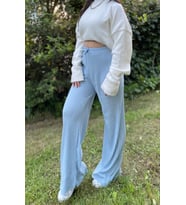 Kadın Fitilli Çizgili Penye Raporlu Pamuklu Pijama Altı Eşofman (Bebe Mavi)