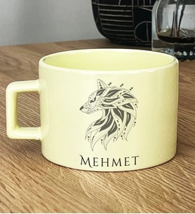 Kişiye Özel Etnik Kurt Hediye Pastel Fincan Babaya Sevgiliye Hediye (Sarı)