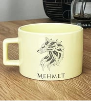 Kişiye Özel Etnik Kurt Hediye Pastel Fincan Babaya Sevgiliye Hediye (Sarı)