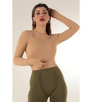 DoReMi Uzun Kollu Kare Yaka Fitilli Crop (Camel)