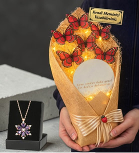 Kişiye Özel Led Işıklı Aynalı Kırmızı Kelebek Buketi ve Ametist Taşlı Lotus Kolye (Beyaz)