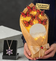 Kişiye Özel Led Işıklı Aynalı Kırmızı Kelebek Buketi ve Ametist Taşlı Lotus Kolye (Beyaz)