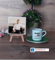İşaret Dili Öğretmeni Fotoğraflı Dekoratif Taş, Ahşap Altlıklı Türk Kahvesi Fincanı Hediye (Model 9)