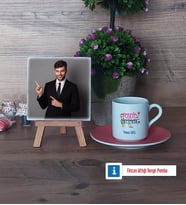 Felsefe Öğretmeni Fotoğraflı Dekoratif Taş, Ahşap Altlıklı Türk Kahvesi Fincanı Hediye (Model 6)