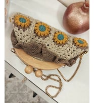 Bambu Burslu Parlak Çiçekli Çanta, Simli Küçük El Çantaları, Pembe Çiçekli Ahşap Burs Gece Çantaları, Kemzey Handmade Çanta (Kahverengi)