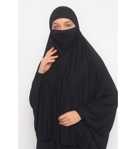 Kollu Sufle Çarşaf Üstü Peçeli Pratik Tesettür Hijab - Nikaplı Namaz Örtüsü (Siyah)