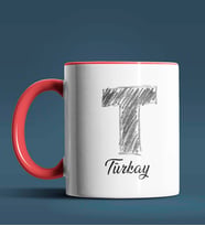 Kişiye Özel T Harfi Temalı Kara Kalem Tasarım Siyah Renk Kupa (Kırmızı)