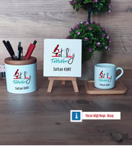 Patoloji Teknikeri Hediye Seti Dekoratif Taş, Kalemlik, Ahşap Altlıklı Türk Kahvesi Fincanı Hediye Tıp Bayramı Hediyesi (Model 1)