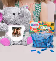 Kişiye Özel Peluş Pembe Fil Ve Renkli Micro Blocks Lego (Mavi)