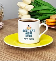 Kişiye Özel Best Cat Mom Ever Türk Kahvesi Fincanı En İyi Kedi Annesi (Sarı)