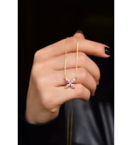 Papatya Silver 925 Ayar Gümüş Gold Kaplama Zirkon Taşlı Plumeria Kolye (Pembe)