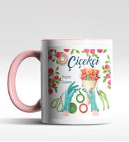 Kişiye Özel Çiçekçi Tasarımlı Siyah Kupa (Beyaz-Pembe)