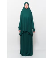 Pratik İki Parça Pamuklu Yarasa Kollu Başörtülü Organik Tesettür Namaz Elbisesi (Yeşil)