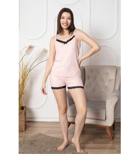 Dreamy Dantel Detaylı İp Askılı Şortlu Pegasus Pijama Takımı (Pembe)