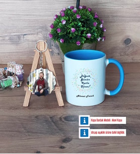 Doğum Günü Hediyesi Kupa Bardak Beyaz ve Fotoğraflı Ahşap Anahtarlık Hediye (Model 4)