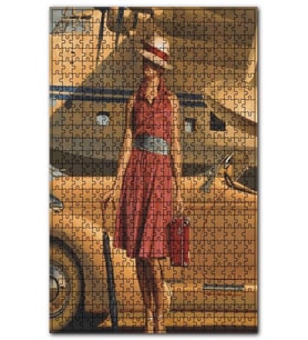 Cakapuzzle Antika Uçak Araba ve Kırmızı Elbiseli Kadın Puzzle Yapboz MDF (Ahşap) (500 Parça)