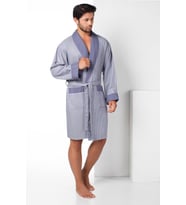 Bej Kısa Şalyaka Kareli Pike Bambo Cotton Erkek Sabahlık (Füme)