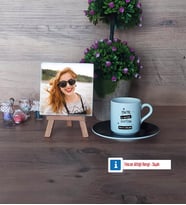 Arkadaşa Hediye Fotoğraflı Dekoratif Taş, Ahşap Altlıklı Türk Kahvesi Fincanı Hediye Doğum Günü Hediyesi (Model 7)