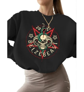 unisex Sweatshirt kadın Bej Belzebeast pentagram - yılanlı cadılar bayramı kafatası Baskılı 3 iplik (Siyah)