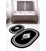 Dijital Baskılı Kaymaz Taban Yıkanabilir Oval 2'li Klozet Takımı Banyo Paspası NOKZ-HT-814 (Siyah)
