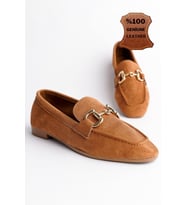 Muggo MONA Garantili Metal Tokalı Deri Kadın Loafer Günlük Ayakkabı (Taba)