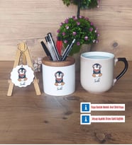 Tatlı Penguen Hediye Sepeti Kalemlik, Kupa Bardak Sihirli, Ahşap Anahtarlık Hediye (Model 2)