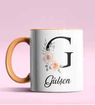 Kişiye Özel G Harfi Temalı Gül Tasarım Siyah Renk Kupa (Turuncu)