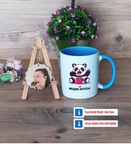Sevimli Panda Kupa Bardak Beyaz ve Fotoğraflı Ahşap Anahtarlık Hediye (Model 4)