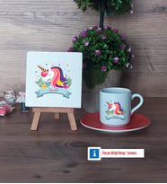 Unicorn Dekoratif Taş, Türk Kahvesi Fincanı Kırmızı İsme Özel Hediye (Model 6)