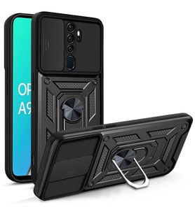 Oppo A5 2020 Kılıf Yüzüklü Standli Sürgülü Kamera Korumalı Tank Sert Silikon Kapak (Siyah)