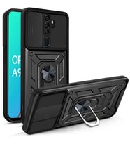 Oppo A5 2020 Kılıf Yüzüklü Standli Sürgülü Kamera Korumalı Tank Sert Silikon Kapak (Siyah)