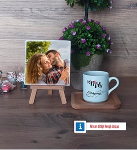 Eşe Hediye Mrs Fotoğraflı Dekoratif Taş, Ahşap Altlıklı Türk Kahvesi Fincanı Hediye Yıl Dönümü Hediyesi (Model 1)