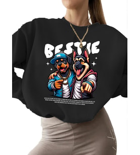 bisiklet yaka unisex Bej 3 iplik şardonlu kalın erkek Sweatshirt En iyi arkadaşım Baskılı kadın (Siyah)