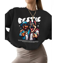 bisiklet yaka unisex Bej 3 iplik şardonlu kalın erkek Sweatshirt En iyi arkadaşım Baskılı kadın (Siyah)