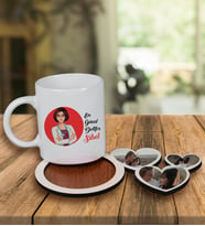 Kişiye Özel Tasarım Kupa Bardak Ve Fotoğraflı Kalpler Ahşap Bardak Altlığı 99912 (Bordo)