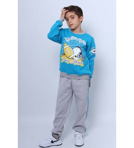 ERKEK ÇOCUK 3 İPLİK EŞOFMAN TAKIMI BASKILI RİBANALI D45 (Mavi)