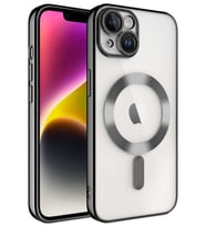 iPhone 14 Kılıf Magsafe Köşeleri Renkli Lüx Şeffaf Kamera Lens Korumalı (Siyah)