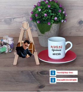 Psikoloji Öğretmeni Türk Kahvesi Fincanı Ahşap Altlıklı ve Fotoğraflı Ahşap Anahtarlık Hediye Öğretmenler Günü Hediyesi (Model 3)