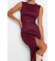 Moda Stil Fitted Bisiklet Yaka Midi Boy Düz Dokuma Elbise (Mor)