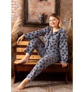 Nisanca Büyük Beden Kışlık Düğmeli Gömlek Pijama Takımı (Gri)