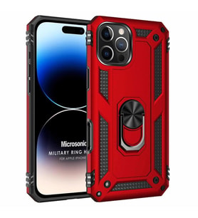 Microsonic Apple iPhone 16 Pro Max Kılıf Military Ring Holder Siyah (Kırmızı)