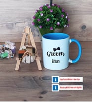 Groom Kupa Bardak Beyaz ve Fotoğraflı Ahşap Anahtarlık Hediye (Model 4)