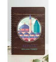 Konya Mevlana Türbesi Şehir Tasarım Ahşap Kapaklı Defter Özel Kraft Kâğıt (Gri - Siyah - Beyaz)
