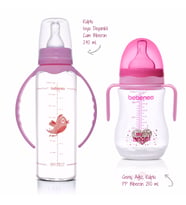 Isıcam Kulplu Biberon 240 ml & Geniş Ağız Kulplu PP Biberon 250 ml İkili Ekonomik Biberon Seti (Pembe)