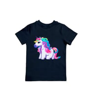 Unicorn baskılı pamuklu penye kumaş yazlık çocuk tişört (Siyah)
